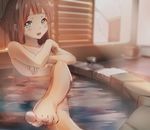 :d aqua_eyes artist_name bad_id bad_pixiv_id barefoot bath bathing blurry blush breasts brown_hair cleavage covering covering_breasts crossed_arms crossed_legs cup depth_of_field drinking_glass feet flower_pot highres indoors kyoukai_no_kanata legs long_hair looking_at_viewer magicians_(zhkahogigzkh) nude onsen open_mouth partially_submerged shindou_ai small_breasts smile solo sunlight toes towel 
