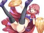  ;d black_legwear blush bow breasts cape cheerleader cleavage crop_top e.o. legs looking_at_viewer okazaki_yumemi one_eye_closed open_mouth pom_poms red_eyes red_hair shoes short_hair simple_background small_breasts smile solo thighhighs touhou touhou_(pc-98) white_background 