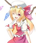  :d ascot blonde_hair check_translation commentary_request fang flandre_scarlet frilled_shirt frilled_shirt_collar frills hat hat_ribbon highres long_hair mob_cap one_eye_closed open_mouth red_eyes red_ribbon red_skirt red_vest ribbon shirt skirt slit_pupils smile solo touhou translation_request tsuri_buta vest white_shirt wings 