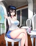  2015 bad_id bad_pixiv_id bangs bare_legs bike_shorts black_eyes black_hair blush breasts brown_eyes bubble_tea cellphone chair cleavage collarbone crossed_legs cup dated detached_sleeves disposable_cup drinking_straw eyelashes feet_out_of_frame grimgrim hair_between_eyes hat heart holding holding_cellphone holding_phone large_breasts lens_flare long_hair looking_at_viewer makeup mascara open_mouth original phone pov railing shirt signature sitting sleeveless sleeveless_shirt smile solo sparkle sunlight table thick_thighs thighs very_long_hair waving white_shirt wooden_floor 