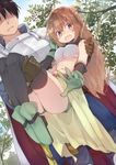  1boy 1girl :o ahoge armor belt black_hair black_legwear blush brown_eyes brown_hair cape carrying dutch_angle from_below gloves hair_tucking navel oge_(ogeogeoge) prince_(sennen_sensou_aigis) princess_carry sennen_sensou_aigis soma_(sennen_sensou_aigis) thighhighs tree 