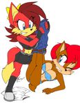  2015 akatsukishiranui-fox annoyed anthro belt big_breasts bipedal blue_eyes blush bra breasts canine chipmunk cleavage clenched_teeth clothed clothing eyelashes female fiona_fox fox frown hair jeans mammal red_hair rodent sally_acorn sonic_(series) teeth underwear 
