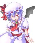  :d ascot bat_wings blue_hair brooch dress fang frilled_cuffs frilled_dress frilled_shirt_collar frills hat hat_ribbon jewelry mob_cap one_eye_closed open_mouth red_eyes red_ribbon remilia_scarlet ribbon sash shirt short_sleeves simple_background slit_pupils smile solo touhou tsuri_buta white_dress white_shirt wings wrist_cuffs 