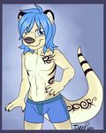  2014 anthro blue_eyes blue_hair clothing fur hair icefire looking_at_viewer male mammal mustelid nimu otter smile solo tattoo underwear 