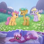  bed cheerilee_(mlp) dinky_hooves_(mlp) field friendship_is_magic my_little_pony night pinkeye scootaloo_(mlp) smudge_proof snails_(mlp) thought_bubble 