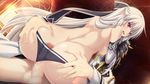  1girl ass ass_grab back bare_shoulders blush braid breast_press breasts butt_crack buttjob censored elbow_gloves eushully from_behind game_cg gloves grey_hair highres kami_no_rhapsody large_breasts legs long_hair looking_back mistoria mitsuki mosaic_censoring no_bra open_mouth panties penis pink_eyes silver_hair sitting sitting_on_person solo_focus sweat thighs twin_braids underwear yakuri 