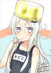  artist_name dated food grey_eyes hibiki_(kantai_collection) highres kantai_collection long_hair looking_at_viewer name_tag nonono_(mino) one-piece_swimsuit popsicle pot_on_head school_swimsuit silver_hair solo swimsuit upper_body 