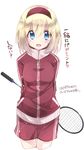  alice_margatroid badminton_racket blonde_hair blue_eyes blush_stickers cropped_legs hairband jacket oinari_(tensaizoku) racket short_hair solo touhou track_jacket track_suit 