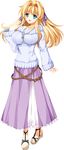  blonde_hair blue_eyes breasts casual full_body gem jewelry katarina_kujo large_breasts long_hair long_skirt looking_at_viewer open_mouth pendulum_(game) purple_skirt sandals simple_background skirt smile solo standing sweater tamiya_akito very_long_hair white_background 