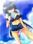  ;) bikini bikini_under_clothes black_bikini black_hair blue_sky breasts closed_mouth cloud day denim denim_shorts front-tie_top hand_on_own_thigh hanging_breasts highres jacket large_breasts leaning_forward nekominase notebook one_eye_closed open_clothes open_jacket pen red_eyes shameimaru_aya short_hair short_sleeves shorts sky smile solo sunlight swimsuit swimsuit_under_clothes touhou 