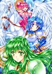  armor armored_dress blue_eyes blue_hair breastplate est fire_emblem fire_emblem:_monshou_no_nazo green_eyes green_hair headband highres horse katua looking_at_viewer md5_mismatch multiple_girls open_mouth paola pegasus pegasus_knight pink_eyes pink_hair smile tamiya_akito wings 