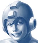  b_no_hito blue commentary_request face grin helmet lips looking_at_viewer lowres male_focus monochrome portrait rockman rockman_(character) smile solo teeth white_background 