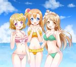  bikini blue_eyes breasts brown_eyes brown_hair cleavage day frilled_bikini frills green_bikini koizumi_hanayo kousaka_honoka long_hair love_live! love_live!_school_idol_project medium_breasts minami_kotori multiple_girls navel one_side_up open_mouth orange_hair printemps_(love_live!) pure_girls_project purple_eyes sakura_chidori shiny shiny_skin short_hair striped striped_bikini swimsuit thigh_gap 