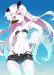  adapted_object alternate_costume anchorage_hime artist_name ball bare_shoulders beachball bikini black_bikini breasts bright_pupils carrying_under_arm cloud cowboy_shot day escort_fortress_(kantai_collection) floating_hair hand_on_hip highres ikayaki imu_sanjo kantai_collection long_hair looking_at_viewer mouth_hold navel open_fly pink_eyes shinkaisei-kan short_shorts shorts signature sky small_breasts solo strapless swimsuit underboob unzipped very_long_hair white_skin 