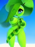  2015 areola big_breasts big_nipples blue_eyes blush breasts female flora_fauna green_hair green_nipples green_skin hair hi_res looking_at_viewer nipples nude open_mouth plant plantpenetrator pussy scarf solo standing teeth thick_thighs tongue wide_hips 