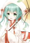  absurdres bad_id bad_pixiv_id green_eyes green_hair hatsune_miku highres hood japanese_clothes kimono leaf long_hair maple_(57675110) open_mouth snow_bunny snowflakes solo uchikake umbrella vocaloid yuki_miku 