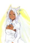  cleavage clothed clothing dark_skin dress facial_markings female final_fantasy final_fantasy_xiv hair lips looking_at_viewer markings solo unknown_artist video_games wedding_dress white_hair yellow_eyes 