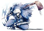  blue_hair cape cloak cu_chulainn_(fate/grand_order) fate/grand_order fate_(series) lancer male_focus solo squatting staff yuu_(guruko) 