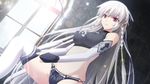  1girl bare_shoulders braid breasts cameltoe dressing erect_nipples eushully female fingerless_gloves game_cg gloves grey_hair highres kami_no_rhapsody large_breasts legs long_hair looking_at_viewer midriff mistoria mitsuki panties pink_eyes silver_hair solo sports_bra standing sunlight thighs twin_braids underwear white_legwear window yakuri 