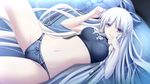  bare_shoulders bed braid breasts cameltoe clenched_hands eushully female game_cg grey_hair hair_ribbon highres kami_no_rhapsody large_breasts legs long_hair looking_at_viewer lying mistoria mitsuki navel panties pillow pink_eyes ribbon silver_hair sleeveless solo sports_bra thighs twin_braids underwear yakuri 