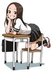  bag black_legwear brown_eyes brown_hair chair desk full_body grin karakai_jouzu_no_takagi-san kneehighs kneeling long_hair looking_at_viewer pleated_skirt school_bag school_desk school_uniform serafuku skirt smile solo takagi-san yamamoto_souichirou 