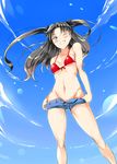  bikini black_hair blue_eyes breasts day fate/stay_night fate_(series) hair_ribbon long_hair midriff navel one_eye_closed ribbon short_shorts shorts sky small_breasts solo swimsuit toosaka_rin two_side_up usyuuri 