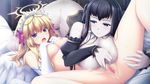  2girls angel_wings areolae ass bed black_hair blonde_hair blue_eyes blush breast_press breasts censored covering covering_nipples elbow_gloves eushully game_cg gloves halo highres huge_breasts kami_no_rhapsody large_breasts legs long_hair looking_back looking_down lying mitsuki mosaic_censoring multiple_girls navel nipples nude on_side open_mouth pale_skin pussy pussy_juice smile spread_legs sweat thighs wet wings yakuri yuri 