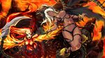  2girls breasts cape chains covering covering_crotch covering_nipples cuffs dark_skin demon_girl demon_wings eushully fighting fire game_cg highres kami_no_rhapsody legs looking_away mitsuki mound_of_venus mountain multiple_girls navel red_eyes small_breasts thighs torn_clothes white_hair wings yakuri 