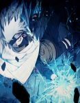  bandages falling hatake_kakashi lightning male_focus naruto naruto_(series) naruto_shippuuden one_eye_closed red_eyes retpa scar sharingan silver_hair solo spiked_hair 