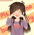  1girl artist_request blush brown_hair bully character_request copyright_request crying english female shirt simple_background solo t-shirt text watermark wavy_mouth 