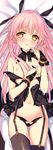  black_dress black_gloves black_legwear blush breasts demon_girl detached_collar dress dress_pull ear_blush garter_straps gloves hand_to_own_mouth highres lace lace_gloves long_hair long_pointy_ears navel nipples original partly_fingerless_gloves pink_hair pointy_ears short_dress small_breasts solo tatami_to_hinoki thighhighs wings yellow_eyes 