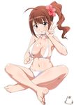  ahoge barefoot bikini breasts brown_hair choker cleavage collarbone flower full_body grin hair_flower hair_ornament hibiscus idolmaster idolmaster_million_live! indian_style jabara_tornado large_breasts long_hair looking_at_viewer navel open_mouth purple_eyes shiny shiny_skin side_ponytail simple_background sitting skindentation smile solo strap_pull sweat swimsuit v white_background white_bikini yokoyama_nao 