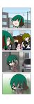  &gt;_&lt; 4koma absurdres animal_ears black_hair brown_hair business_suit car chibi closed_eyes comic coughing crowd flying_sweatdrops formal glasses green_hair ground_vehicle highres kasodani_kyouko motor_vehicle open_mouth power_lines rakugaki-biyori school_uniform serafuku silent_comic suit tears touhou 