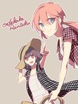  blue_eyes brown_eyes brown_hair gingham hat inazuma_eleven_(series) inazuma_eleven_go kirino_ranmaru long_hair male_focus multiple_boys open_mouth pink_hair pointing romaji shindou_takuto shino_(syllable) simple_background twintails 