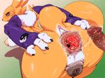  1boy 1girl after_anal aftersex anus ass bent_over blush breasts digimon from_behind furry gaping gaping_anus gradient gradient_background huge_ass nezunezu nipples penis plump pussy renamon shiny spread_anus thick_thighs thighs wide_hips 