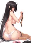  ass back black_hair bow breasts brown_eyes covering covering_breasts from_behind hair_bow kantai_collection large_breasts long_hair low-tied_long_hair nakano_sora no_shoes panties shouhou_(kantai_collection) side-tie_panties simple_background sitting solo thighhighs underwear undressing very_long_hair white_background yokozuwari 