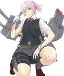 bike_shorts blue_eyes frown gloves grey_skirt hair_intakes holding kantai_collection loafers machinery neck_ribbon nujima pink_hair pleated_skirt red_neckwear red_ribbon ribbon shiranui_(kantai_collection) shoes short_hair short_ponytail short_sleeves simple_background skirt solo squatting thigh_strap thighs torpedo turret vest white_background white_gloves 
