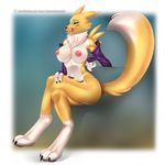  2015 anthro arm_sleeves blue_eyes breasts digimon doomthewolf female fur hi_res licking lips nipples nude renamon solo tongue tongue_out yellow_fur 