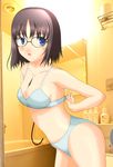  bare_shoulders black_hair blue_eyes blush bra breasts cleavage fate/prototype fate/stay_night fate_(series) glasses highres medium_breasts midriff navel open_mouth panties sajou_ayaka short_hair t28 underwear underwear_only 
