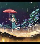  3735geriragouki barefoot border full_body green_eyes green_hair kochiya_sanae leg_up long_hair looking_at_viewer partially_underwater_shot profile rain shirt skirt sleeveless smile solo touhou umbrella walking walking_on_liquid water 