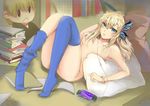  bad_id bad_pixiv_id blonde_hair blue_eyes boku_wa_tomodachi_ga_sukunai book_stack bracelet butterfly_hair_ornament earphones hair_censor hair_ornament hair_over_breasts handheld_game_console highres jewelry kashiwazaki_sena liangchanxingmingrixiang lying nude on_back pillow playstation_portable saliva solo thighhighs 