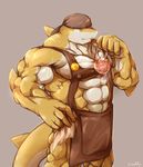  abs anthro apron bandanna beverage brown_background dripping fish food male marine muscles shark sharp_teeth simple_background solo teeth waddledox yellow_eyes 