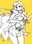  1zu3 armor asou_yuuko bikini_armor cowboy_shot long_hair miniskirt mugen_senshi_valis pauldrons skirt solo sword valis weapon yellow_background 