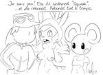  2015 animated anthro azurill big_ears black_and_white blush breasts buckteeth chespin clothed clothing dialogue elpatrixf english_text female french_text group half-dressed hat human male mammal midriff monochrome navel nintendo open_mouth pok&eacute;mon pok&eacute;morph simple_background small_breasts sweat text topless video_games white_background 