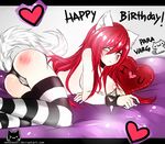  bed birthday blush breasts cat_ears cat_tail gift gradient gradient_background green_eyes happy_birthday heart katarina_du_couteau kittysuit league_of_legends long_hair nipples pillow red_hair sad_face scar solo spanked stockings tail thighhighs 
