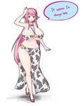  animal_ears animal_print bell bell_collar bikini breasts cleavage collar cow_bell cow_ears cow_print english fake_animal_ears fake_horns highres horns huge_breasts isel long_hair midriff ninlil o-ring o-ring_bikini o-ring_bottom o-ring_top open_mouth original pink_hair purple_eyes sarong solo swimsuit very_long_hair 