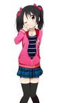  ;) \m/ black_hair blush bow casual crescent hair_bow hood hoodie jacket jewelry looking_at_viewer love_live! love_live!_school_idol_project miyako_hito necklace one_eye_closed plaid plaid_skirt red_eyes short_hair skirt smile solo thighhighs twintails unzipped yazawa_nico zettai_ryouiki 