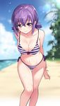  arms_behind_back beach bikini blurry blush breasts cleavage cloud day depth_of_field front-tie_top gan_(shanimuni) hands_together highres large_breasts leaning_forward lens_flare looking_at_viewer low_twintails navel original outdoors purple_eyes purple_hair shiny shiny_skin short_hair short_twintails side-tie_bikini sketch sky smile solo striped striped_bikini swimsuit thigh_gap translation_request twintails wet 