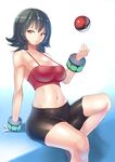  bike_shorts bracelet breasts camisole cleavage collarbone crop_top grin jewelry kazo large_breasts looking_at_viewer midriff natsume_(pokemon) navel poke_ball pokemon pokemon_(game) pokemon_hgss sitting smile solo 