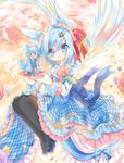  :d animal_ears bad_id bad_pixiv_id blue_eyes blue_hair bracelet character_doll dress feathers flower fox_ears frilled_dress frills hair_ornament hair_ribbon hairclip hakama haori highres japanese_clothes jewelry open_mouth original pantyhose petals plate ribbon smile wings ye_xian 